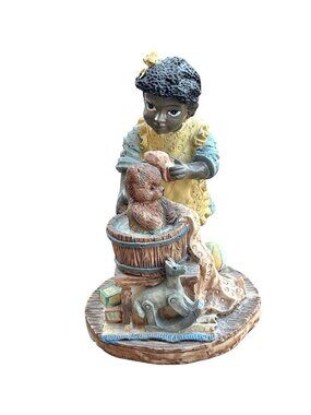 Youngs Inc. Figurine Girl Bathing Teddy Bear 5.25" T African American Gift